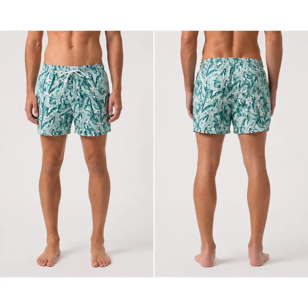 Mr. Mood Tropical Palms Swim Trunks Green/White — Size Medium